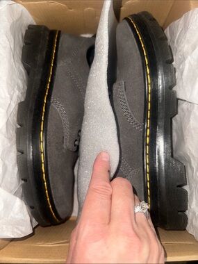 Dr. Martens Gray Suede Lace-Up Lug Sole Boots with Yellow Stitching woman’s 8